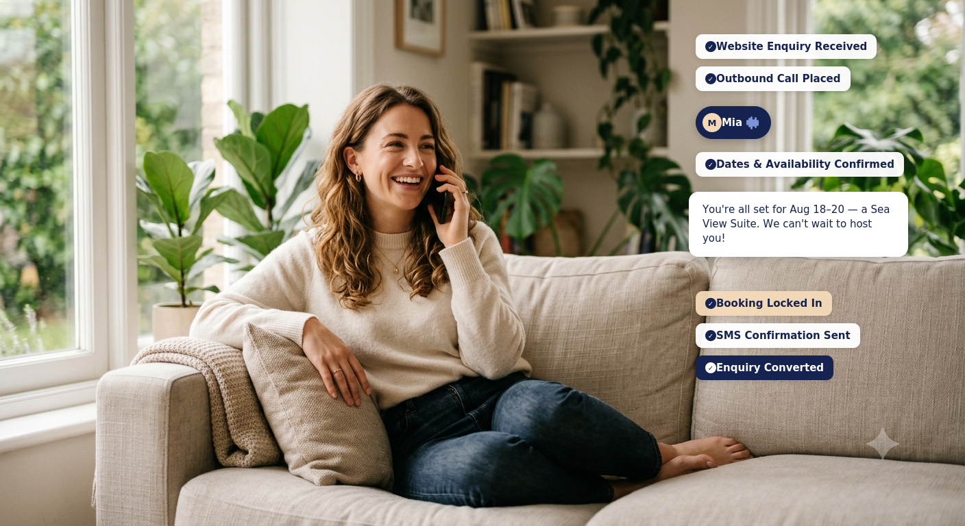 Guest on a call with the Obvious Conversion Agent — enquiry converted into a confirmed booking