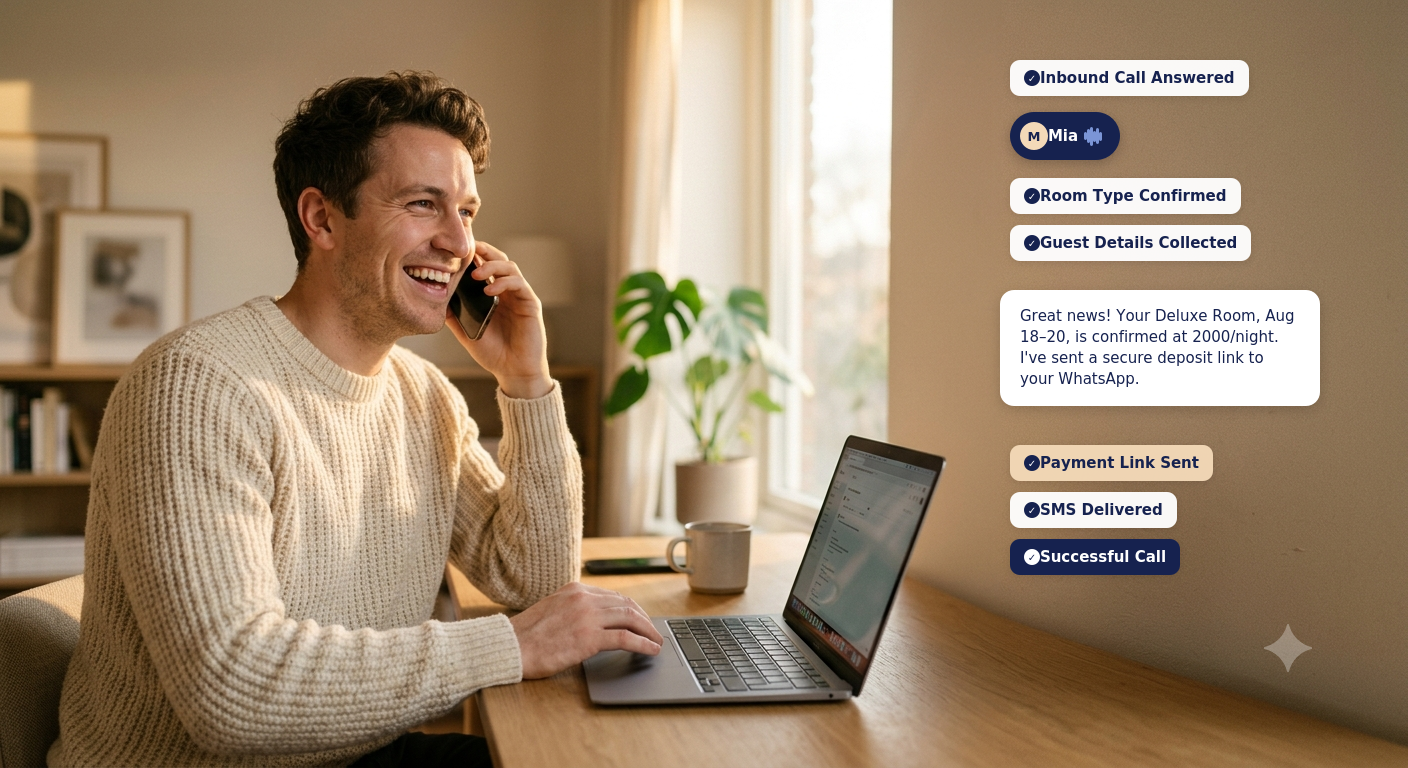 The Obvious Desk Agent confirming a room booking and sending a secure payment link over WhatsApp